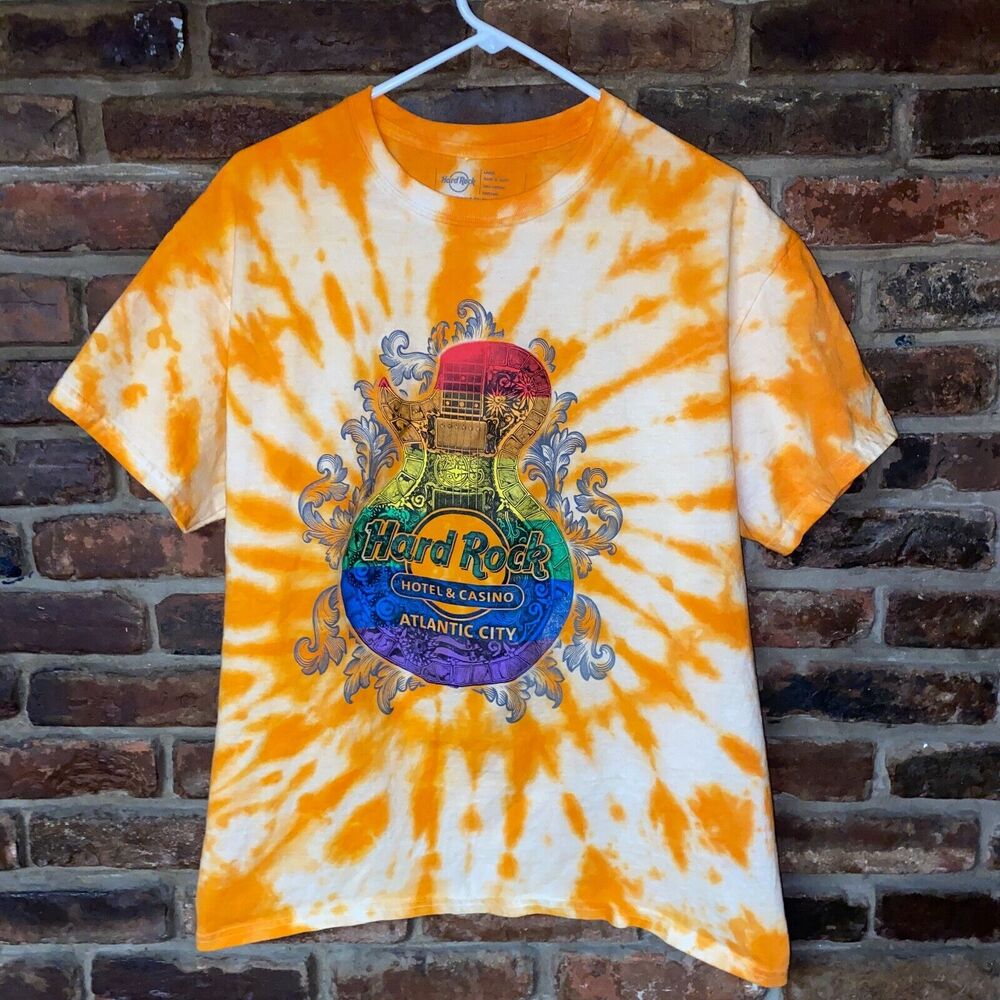 Hard Rock Atlantic City Custom Orange Tie Dye Rainbow Graphic T-Shirt Size Large